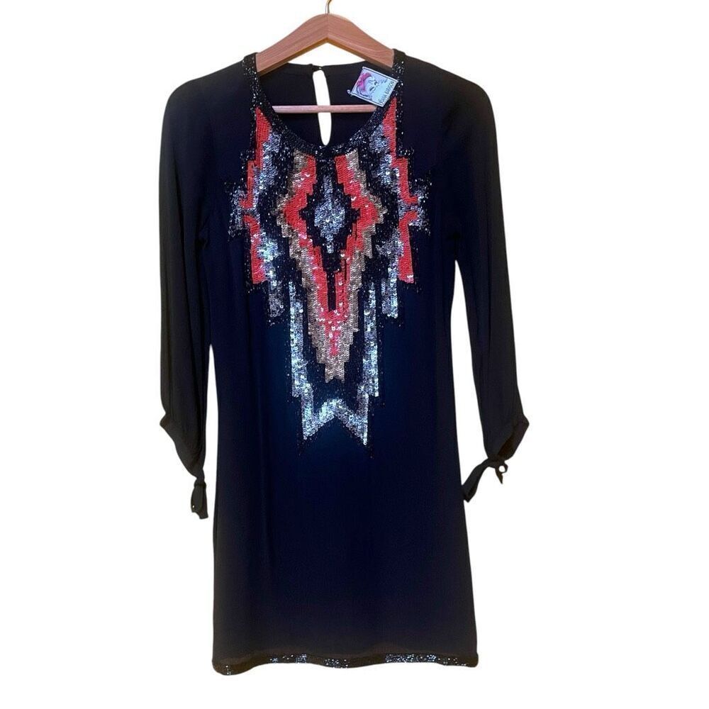 Yoana‎ Baraschi Black Viscose Beaded & Sequined Tunic Long Sleeve Dress